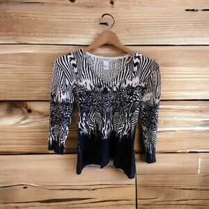 Mona Leah Couture Womens Sweater Small Black White Zebra 3/4 Sleeve VNeck Career